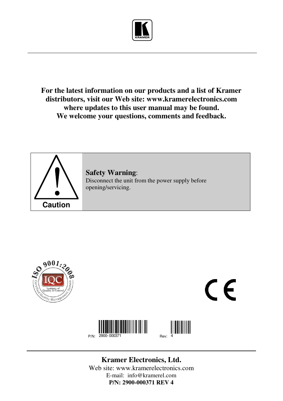 Kramer electronics, ltd, Caution, Safety warning | Kramer Electronics TP-126 User Manual | Page 16 / 16