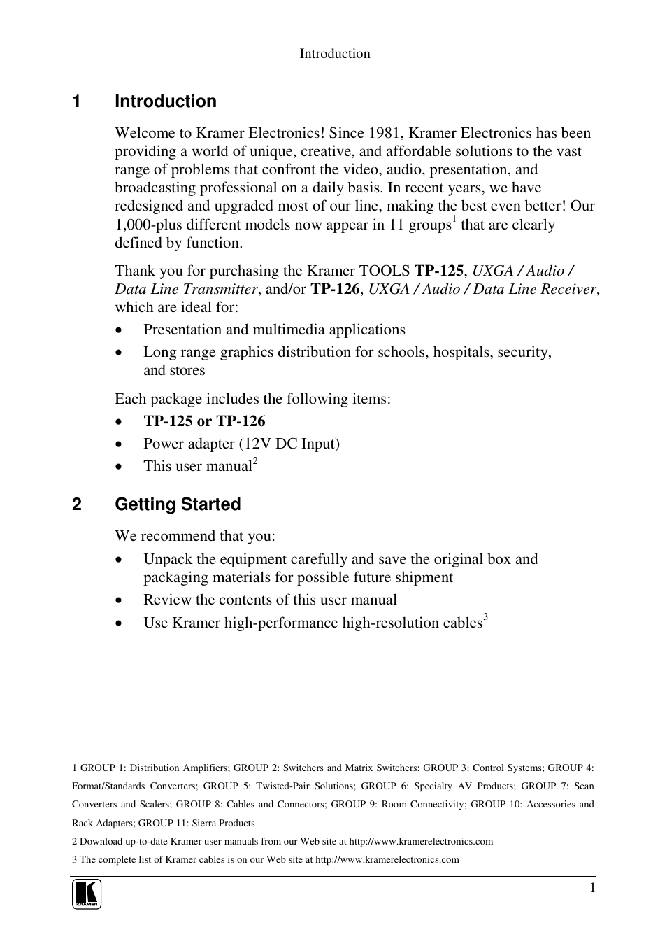 1introduction, 2getting started | Kramer Electronics TP-126 User Manual | Page 3 / 16