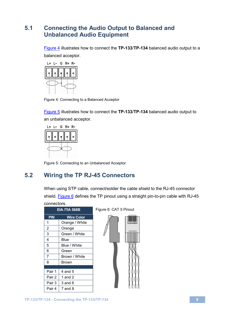 2 wiring the tp rj-45 connectors, Wiring the tp rj-45 connectors, Figure 4: connecting to a balanced acceptor | Figure 5: connecting to an unbalanced acceptor, Figure 6: cat 5 pinout, N 5.1, N 5.2, On 5.1 | Kramer Electronics TP-134 User Manual | Page 12 / 18