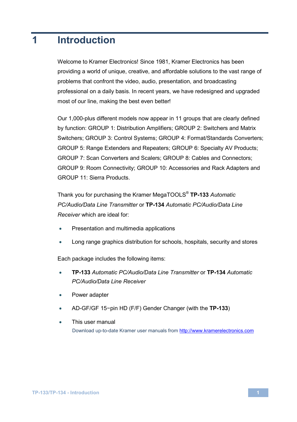 1 introduction, Introduction, 1introduction | Kramer Electronics TP-134 User Manual | Page 4 / 18
