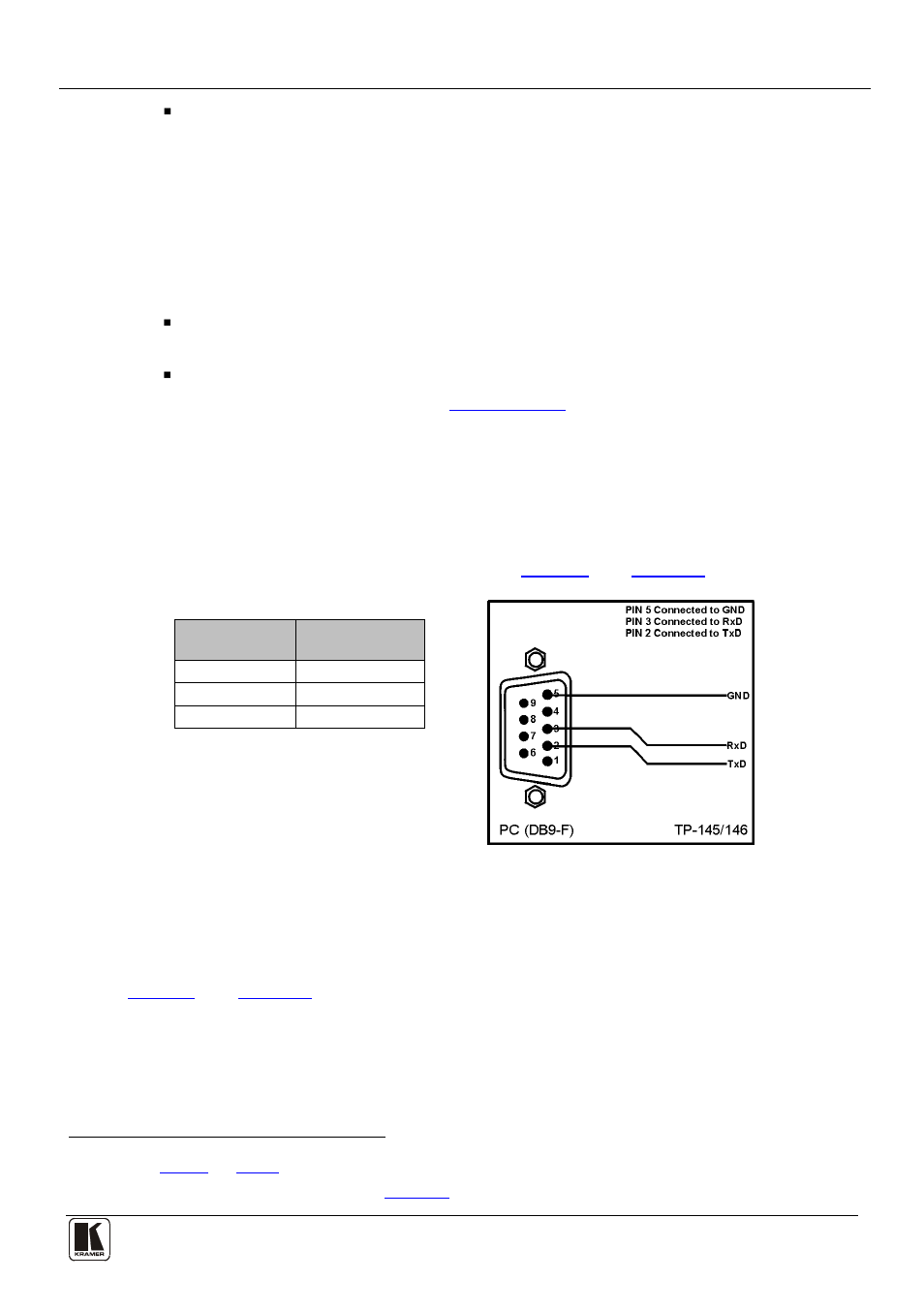 1 transmitting via rs-232, 2 wiring the twisted pair rj-45 connectors, Transmitting via rs-232 | Wiring the twisted pair rj-45 connectors, Figure 5: rs-232 pinout connection, Table 4: rs-232 pinout connection, N 5.1, S defined in, Figure 5, Table 4 | Kramer Electronics TP-146 User Manual | Page 11 / 15