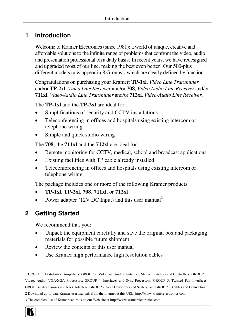 1 introduction, 2 getting started | Kramer Electronics TP-1xl User Manual | Page 3 / 21