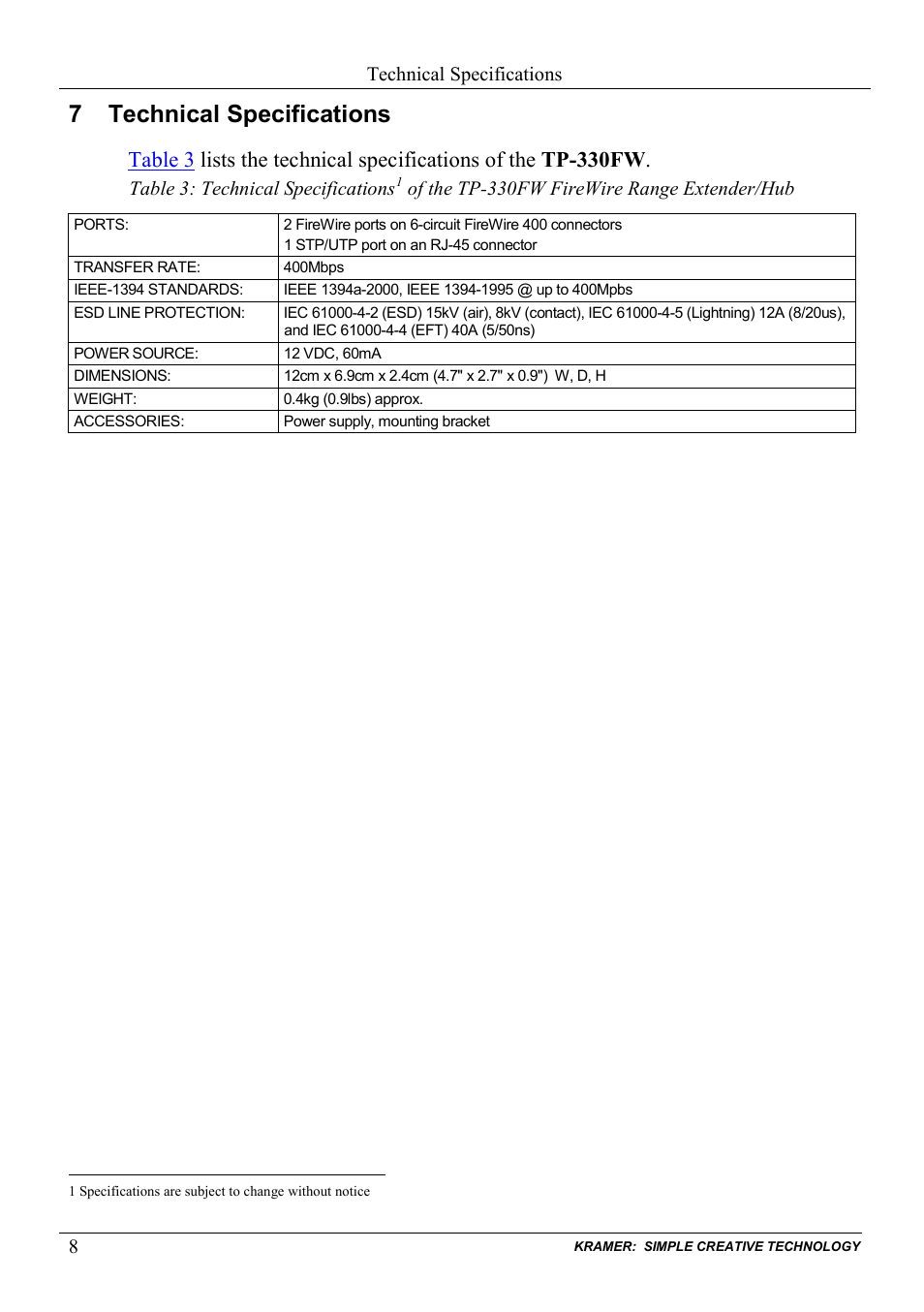 7 technical specifications, Technical specifications | Kramer Electronics TP-330FW User Manual | Page 10 / 12