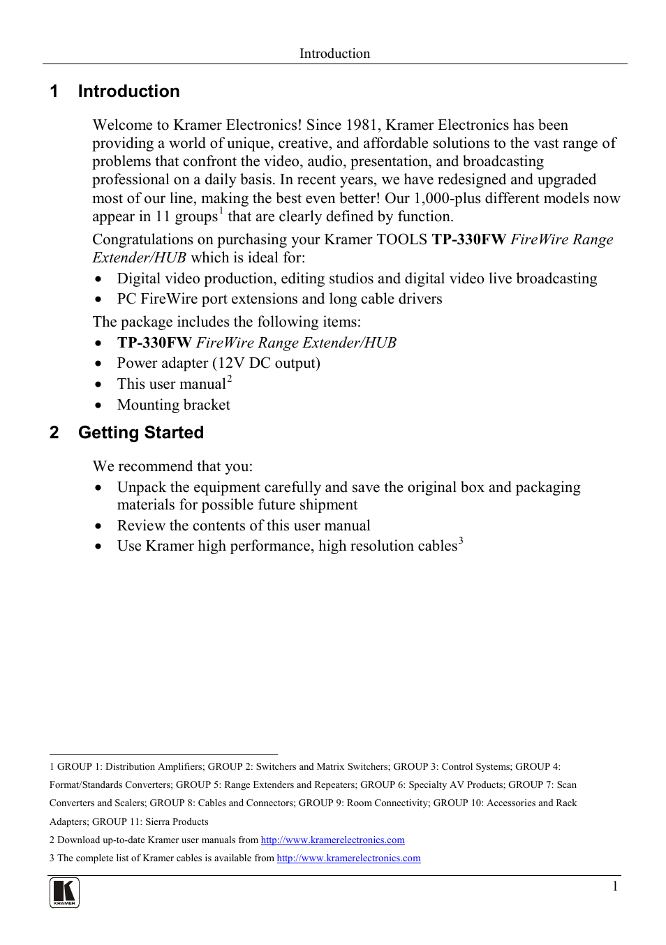 1 introduction, 2 getting started, Introduction | Getting started | Kramer Electronics TP-330FW User Manual | Page 3 / 12