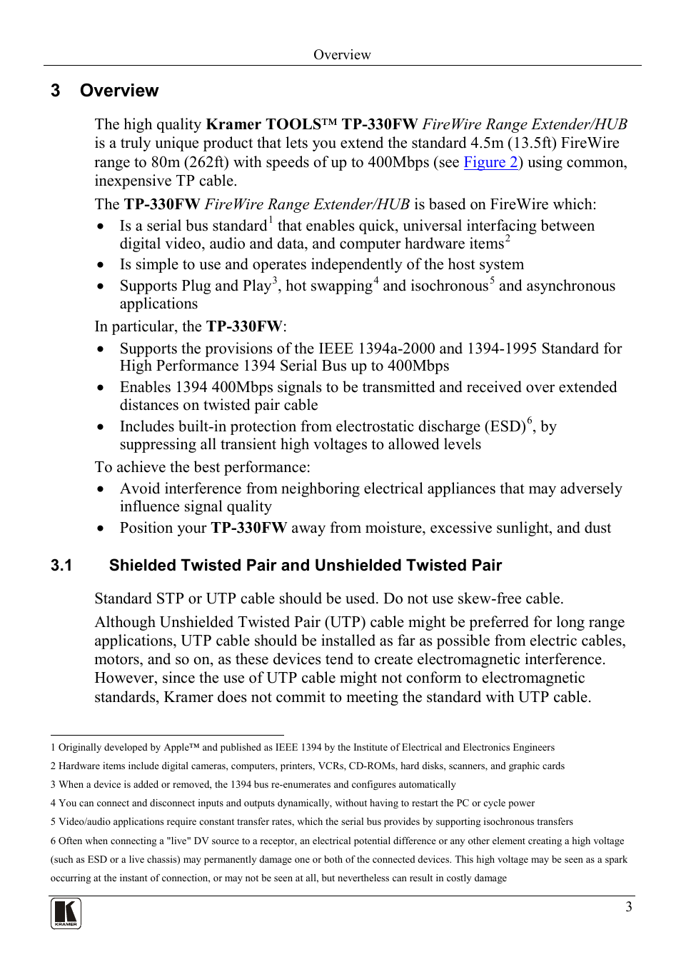 3 overview, Overview, Shielded twisted pair and unshielded twisted pair | Kramer Electronics TP-330FW User Manual | Page 5 / 12