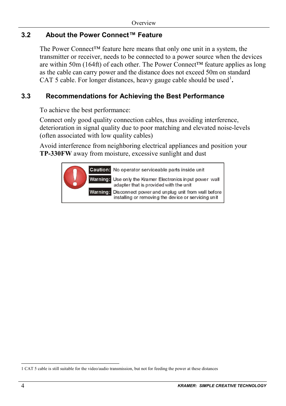 2 about the power connect™ feature, About the power connect™ feature, Recommendations for achieving the best performance | Kramer Electronics TP-330FW User Manual | Page 6 / 12