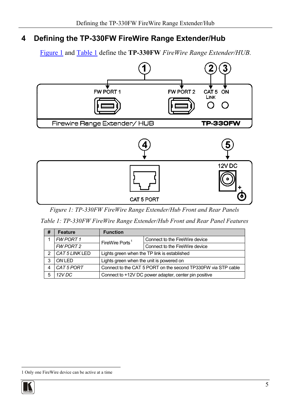 Defining the tp-330fw firewire range extender/hub | Kramer Electronics TP-330FW User Manual | Page 7 / 12