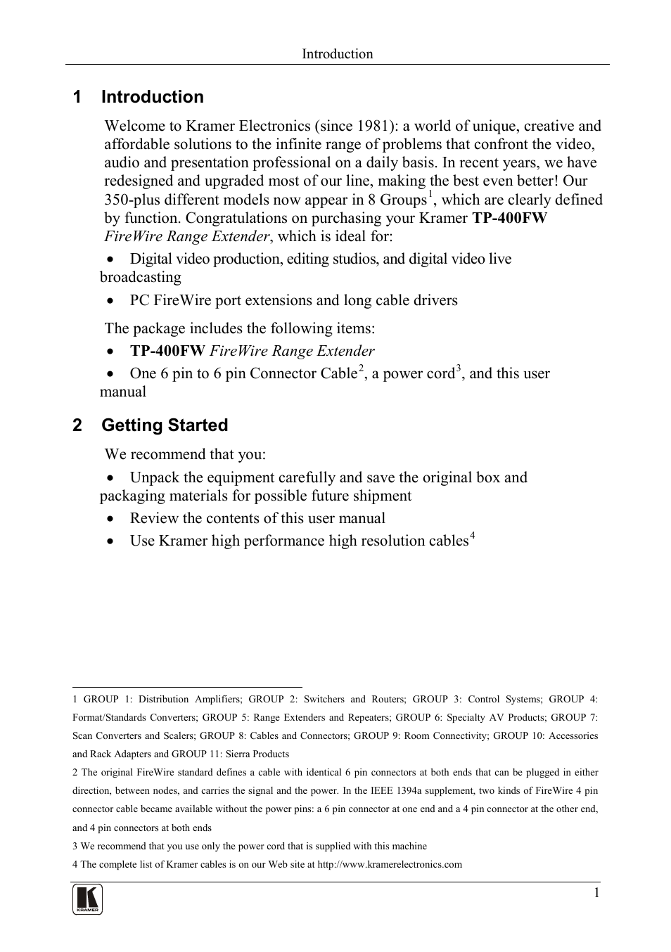 1 introduction, 2 getting started, Introduction | Getting started | Kramer Electronics TP-400FW User Manual | Page 3 / 12