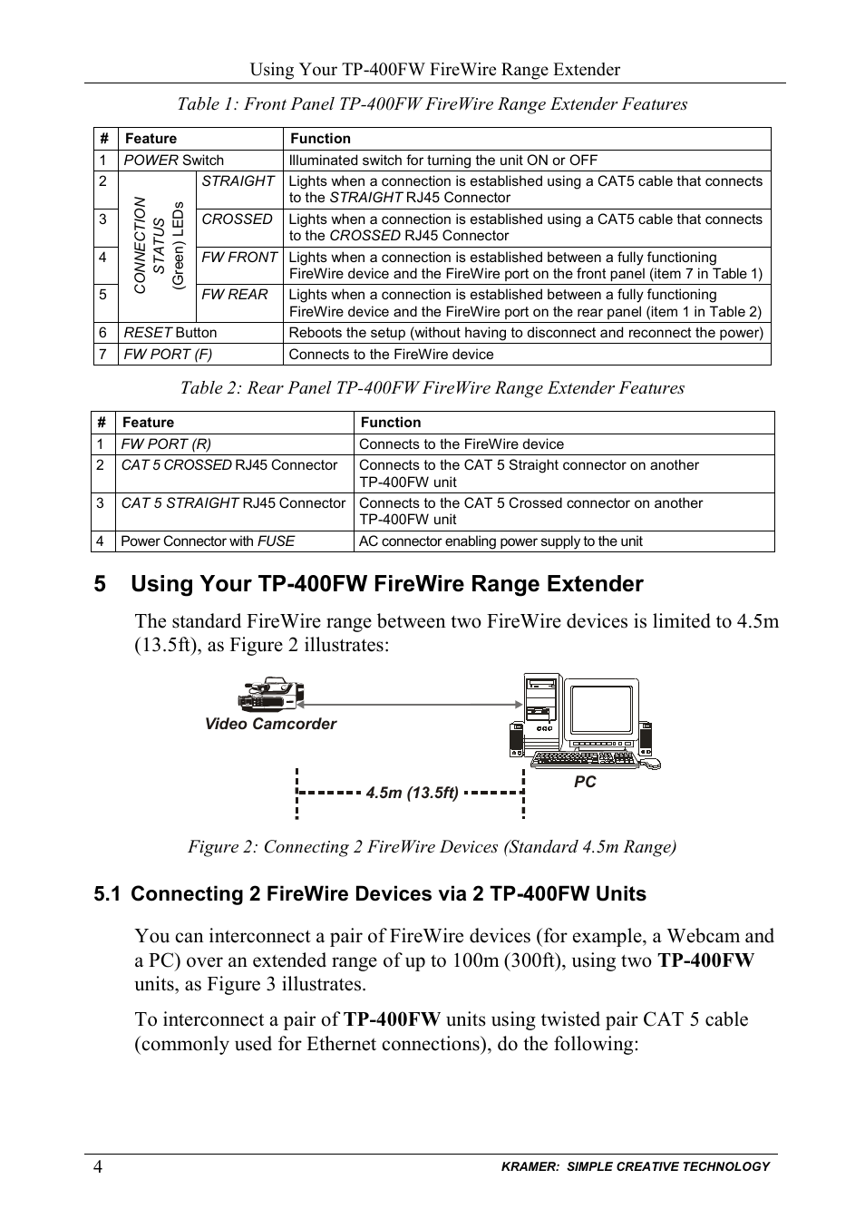 5 using your tp-400fw firewire range extender, Using your tp-400fw firewire range extender, Connecting 2 firewire devices via 2 tp-400fw units | Kramer Electronics TP-400FW User Manual | Page 6 / 12