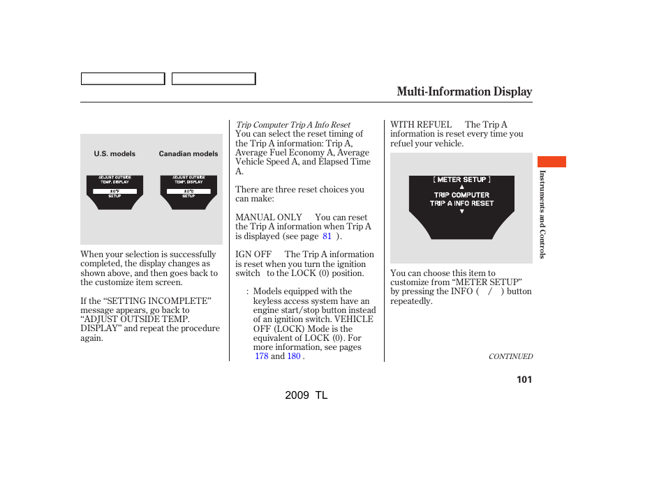 Multi-information display, 2009 tl | Acura 2009 TL User Manual | Page 104 / 648