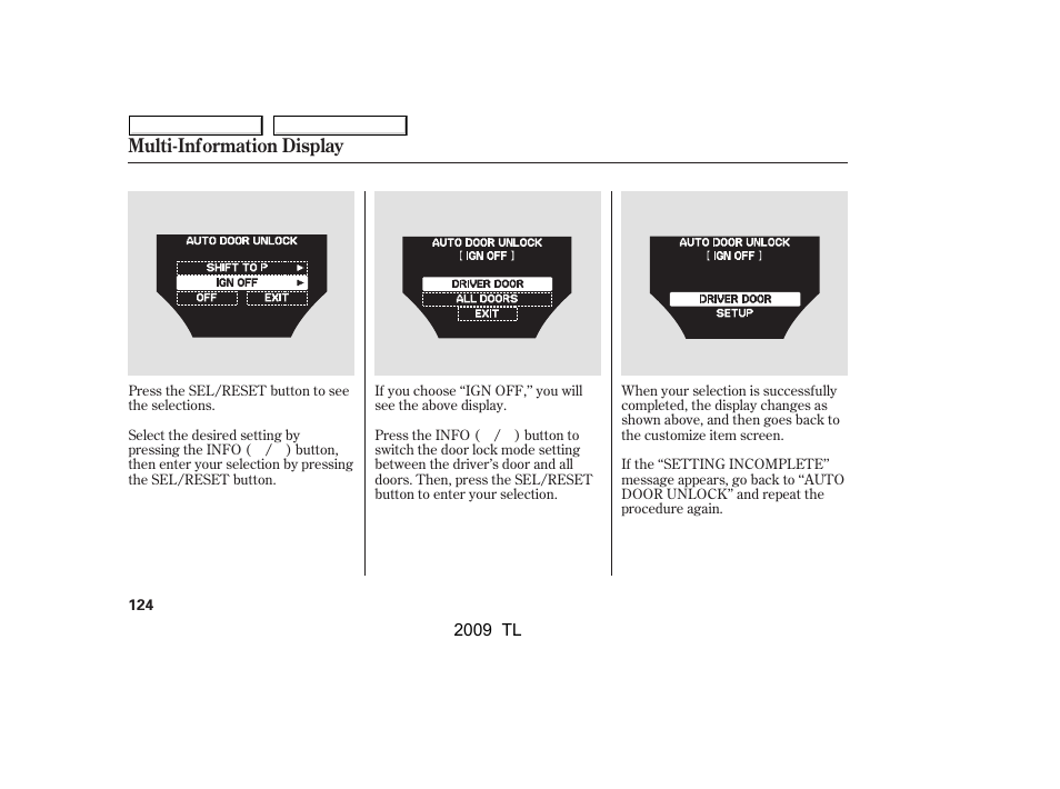 Multi-information display | Acura 2009 TL User Manual | Page 127 / 648