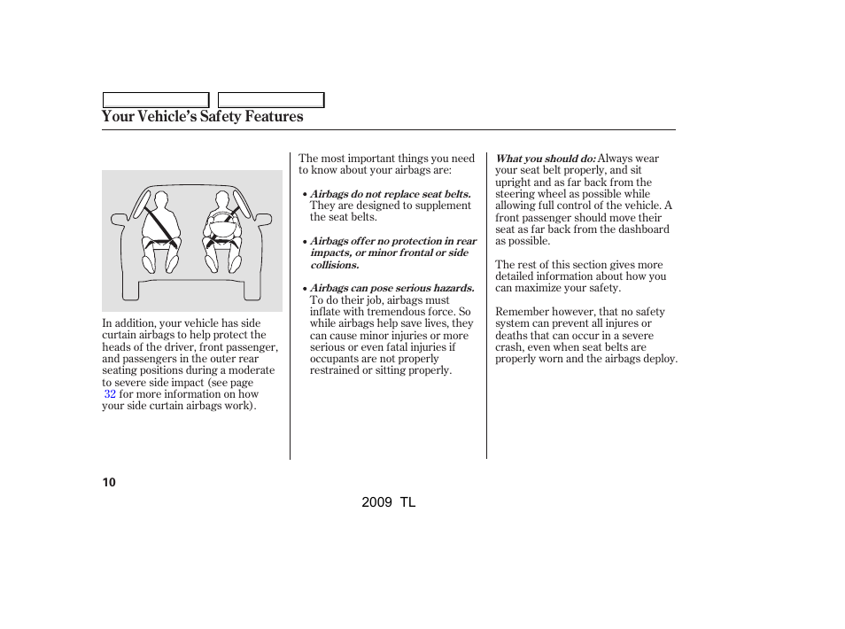Your vehicle’s safety features | Acura 2009 TL User Manual | Page 13 / 648