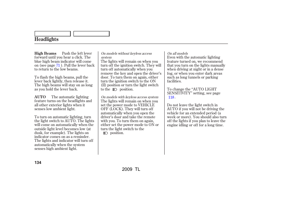 Headlights | Acura 2009 TL User Manual | Page 137 / 648