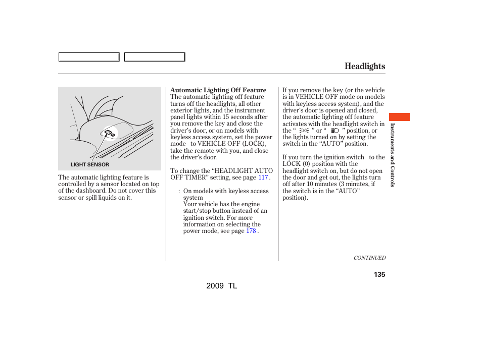 Headlights, 2009 tl | Acura 2009 TL User Manual | Page 138 / 648