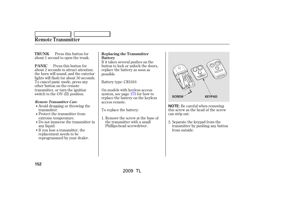 Remote transmitter | Acura 2009 TL User Manual | Page 155 / 648