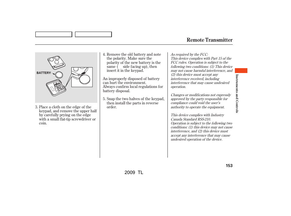 Remote transmitter, 2009 tl | Acura 2009 TL User Manual | Page 156 / 648