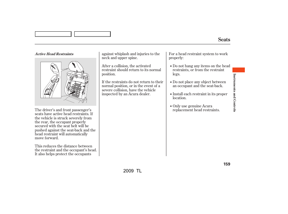 Seats, 2009 tl | Acura 2009 TL User Manual | Page 162 / 648