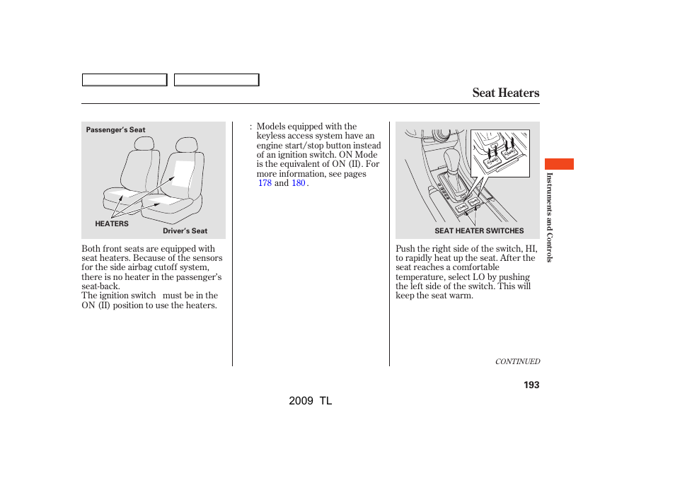 Seat heaters, 2009 tl | Acura 2009 TL User Manual | Page 196 / 648