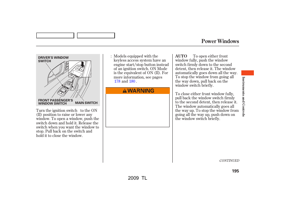 Power windows, 2009 tl | Acura 2009 TL User Manual | Page 198 / 648