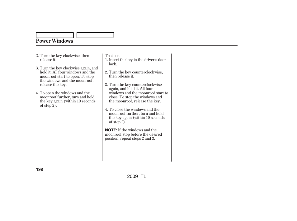 Power windows | Acura 2009 TL User Manual | Page 201 / 648