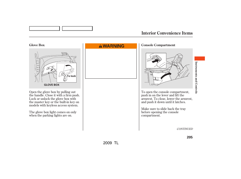 Interior convenience items, 2009 tl | Acura 2009 TL User Manual | Page 208 / 648