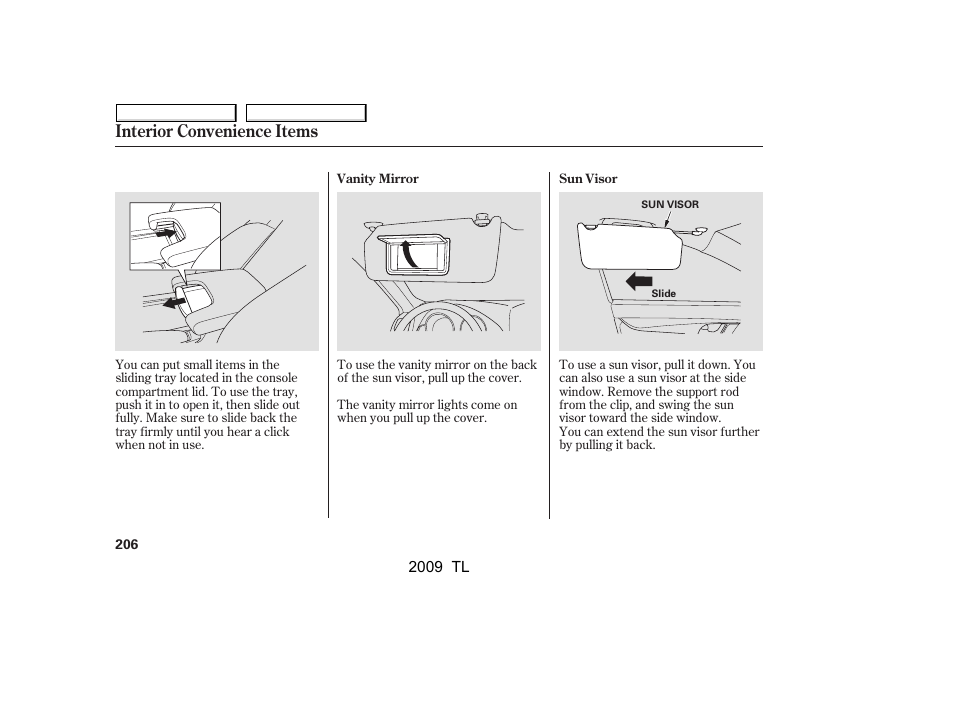 Interior convenience items | Acura 2009 TL User Manual | Page 209 / 648