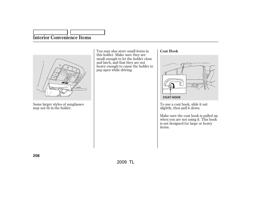 Interior convenience items | Acura 2009 TL User Manual | Page 211 / 648