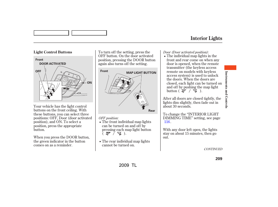 Interior lights, 2009 tl | Acura 2009 TL User Manual | Page 212 / 648