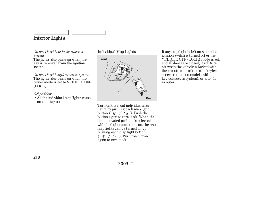 Interior lights | Acura 2009 TL User Manual | Page 213 / 648