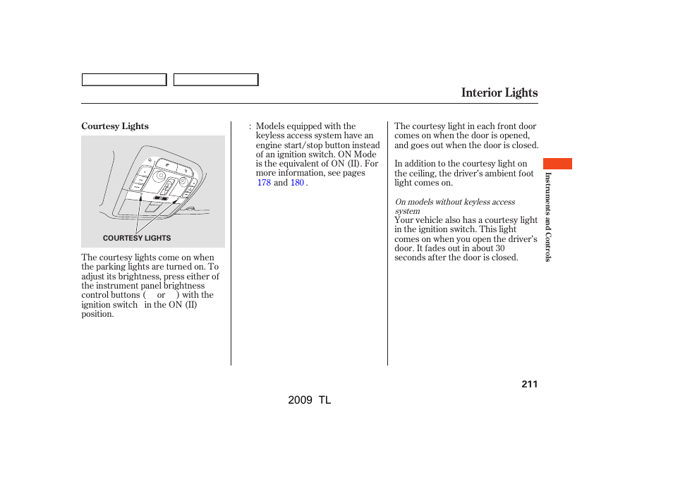 Interior lights, 2009 tl | Acura 2009 TL User Manual | Page 214 / 648