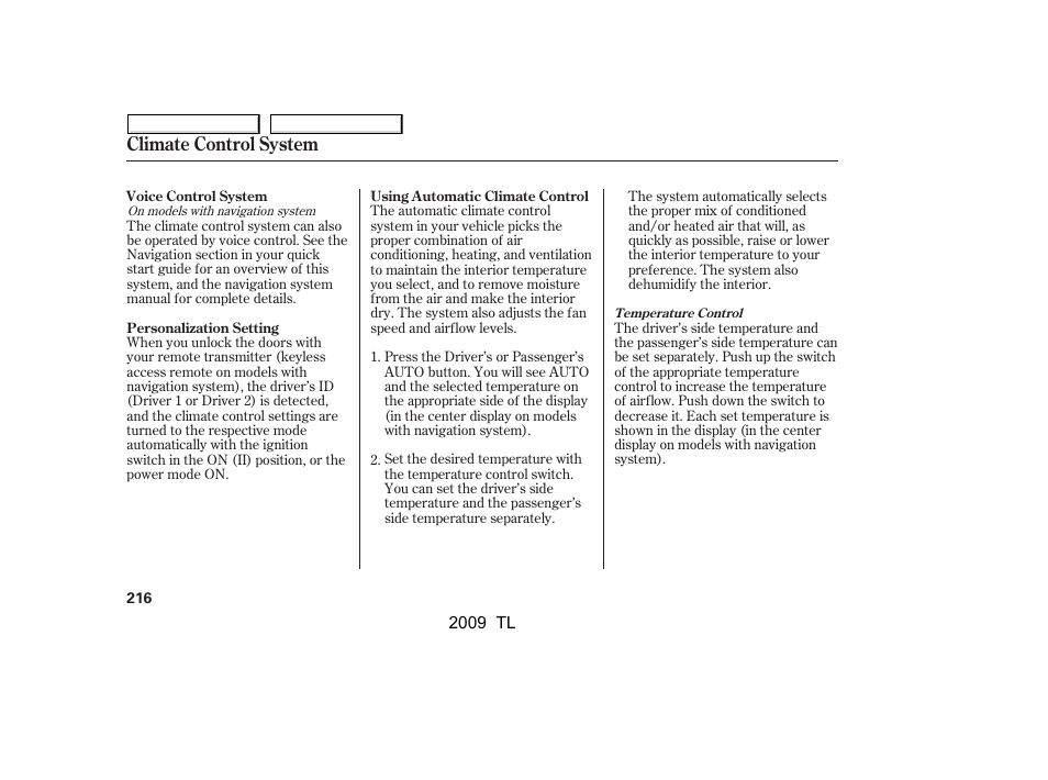 Climate control system | Acura 2009 TL User Manual | Page 219 / 648