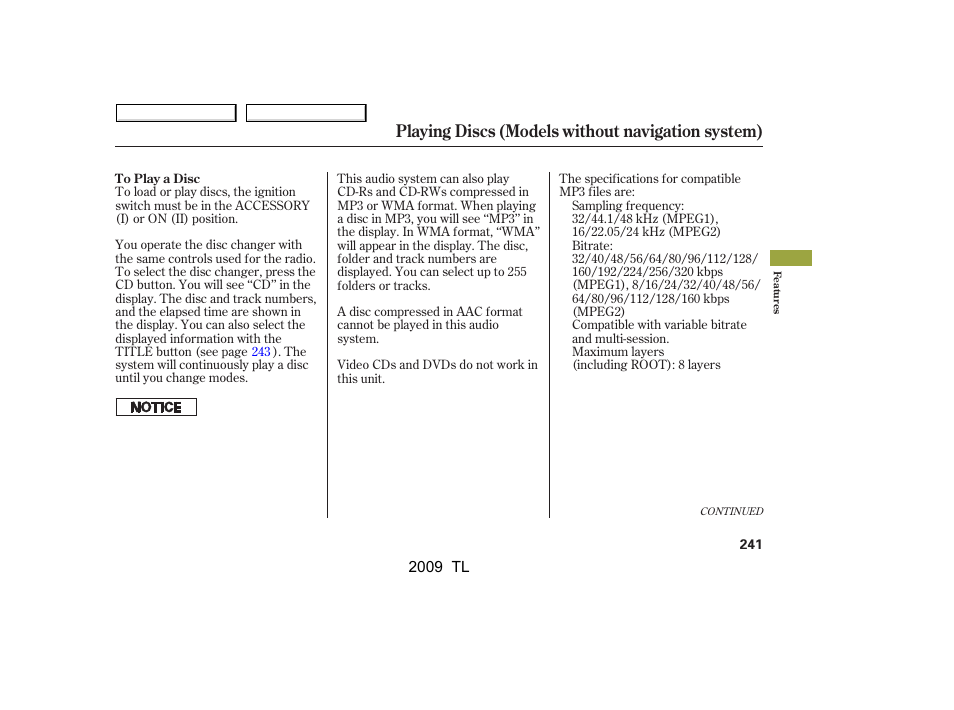 Playing discs (models without navigation system) | Acura 2009 TL User Manual | Page 244 / 648
