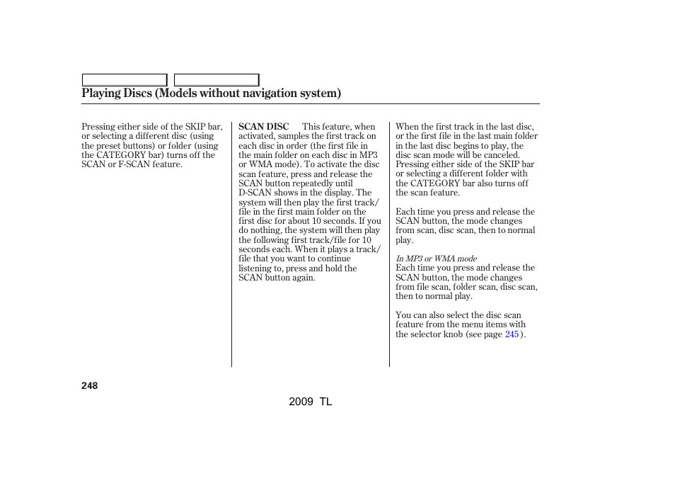 Playing discs (models without navigation system) | Acura 2009 TL User Manual | Page 251 / 648