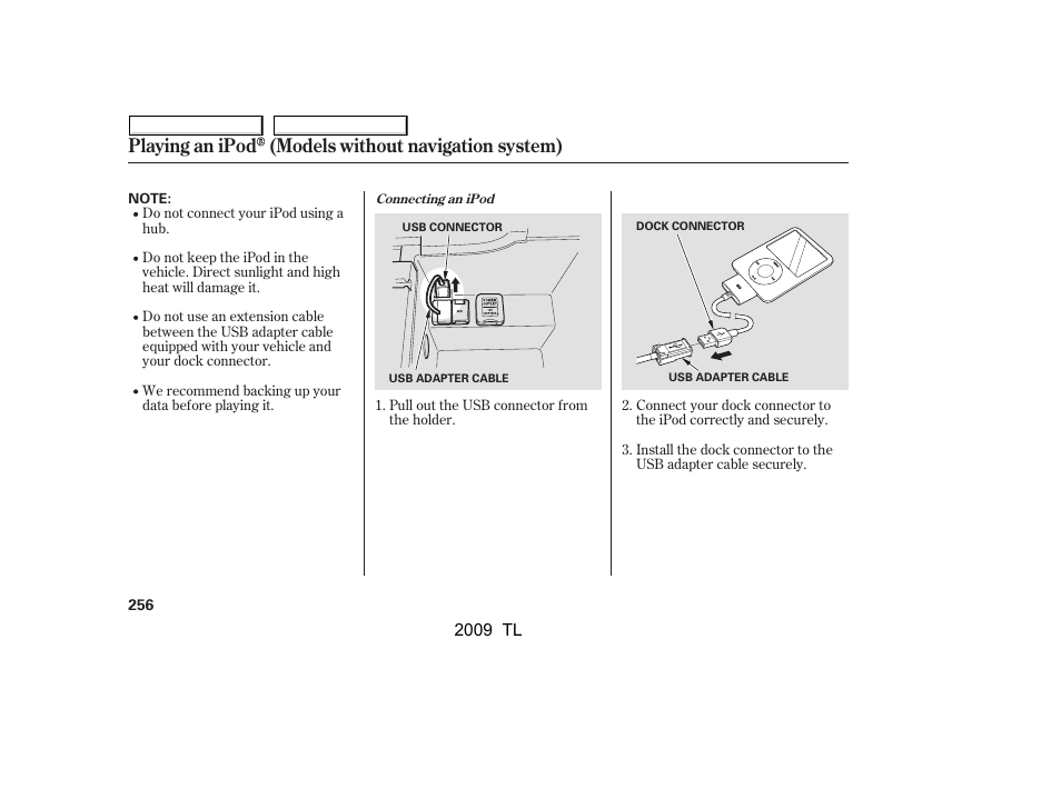 Playing an ipod (models without navigation system) | Acura 2009 TL User Manual | Page 259 / 648