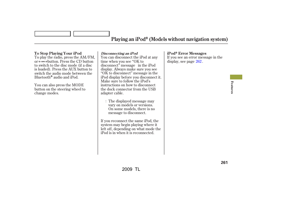 Playing an ipod (models without navigation system) | Acura 2009 TL User Manual | Page 264 / 648