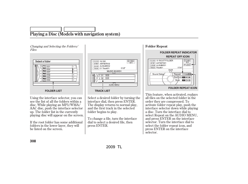 Playing a disc (models with navigation system) | Acura 2009 TL User Manual | Page 311 / 648