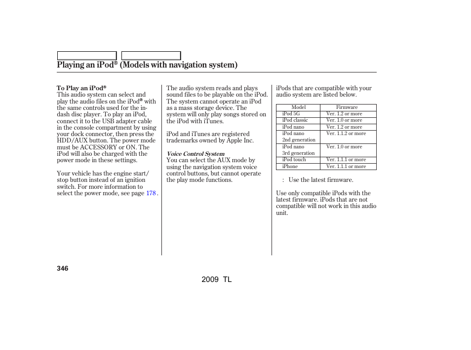 Playing an ipod (models with navigation system) | Acura 2009 TL User Manual | Page 349 / 648