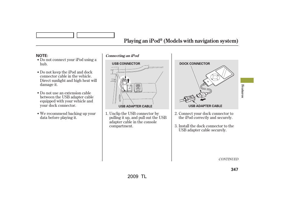 Playing an ipod (models with navigation system), 2009 tl | Acura 2009 TL User Manual | Page 350 / 648