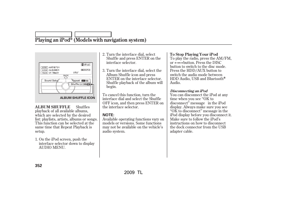 Playing an ipod (models with navigation system) | Acura 2009 TL User Manual | Page 355 / 648