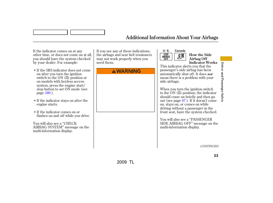 Additional information about your airbags, 2009 tl | Acura 2009 TL User Manual | Page 36 / 648