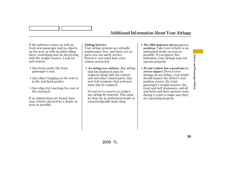 Additional information about your airbags | Acura 2009 TL User Manual | Page 38 / 648