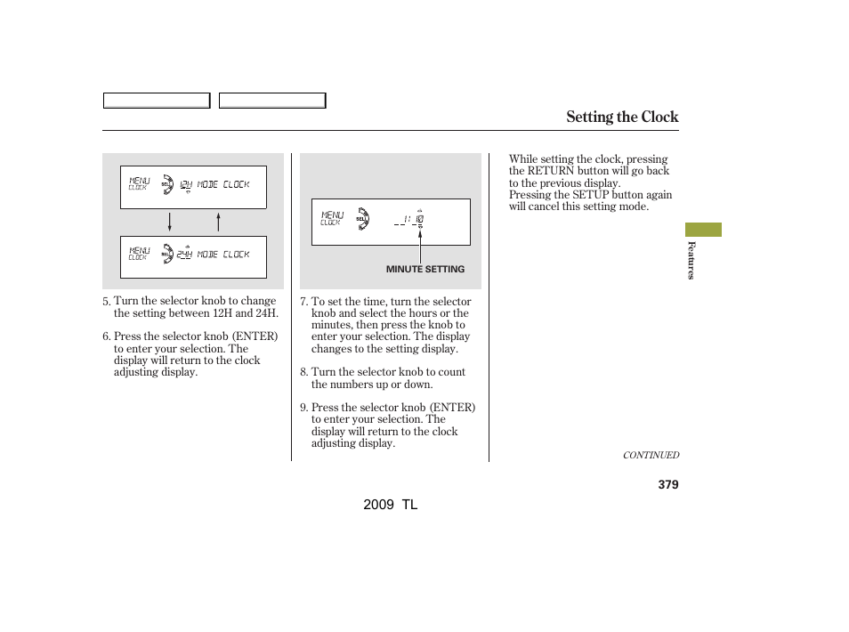 Setting the clock | Acura 2009 TL User Manual | Page 382 / 648