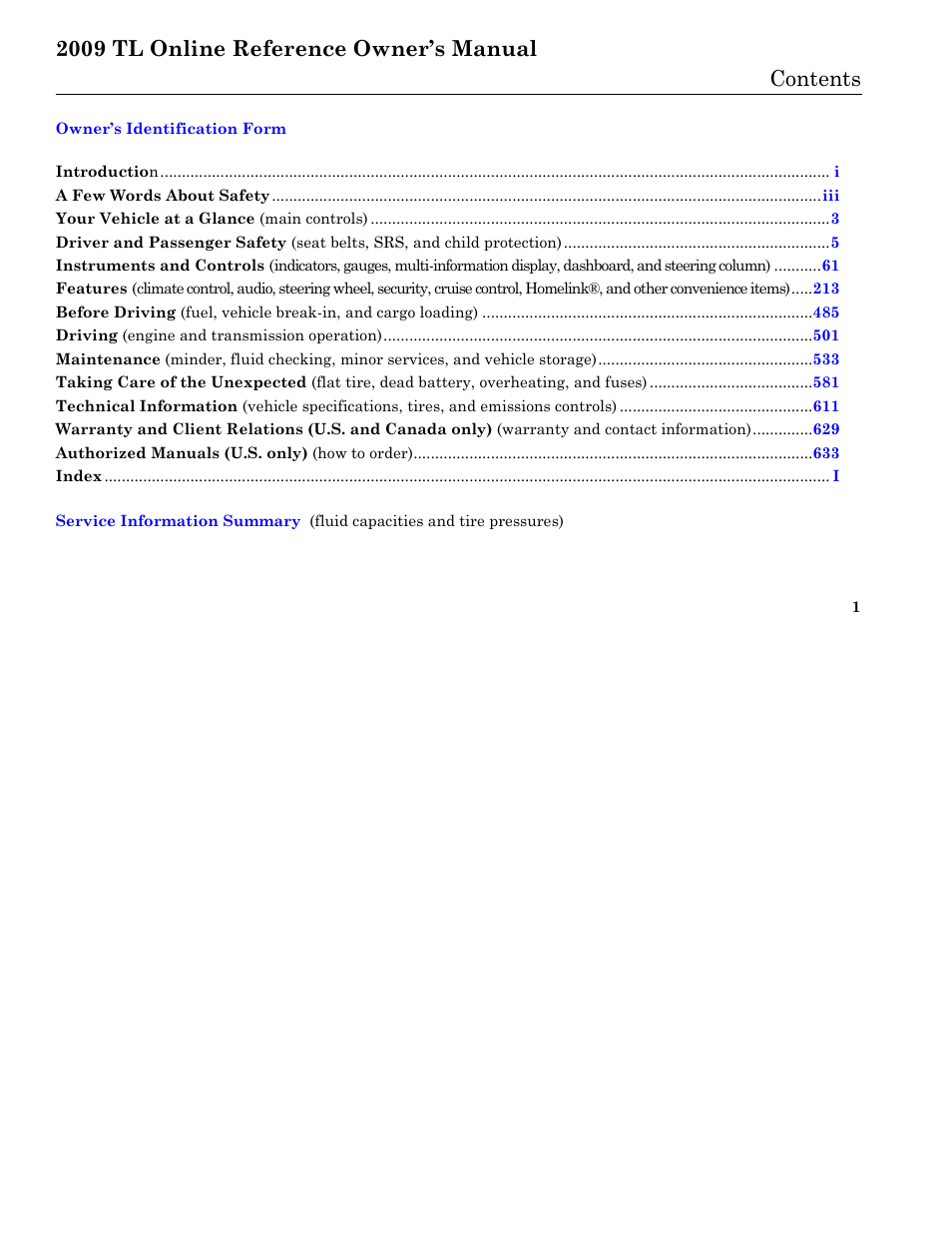 Acura 2009 TL User Manual | Page 4 / 648