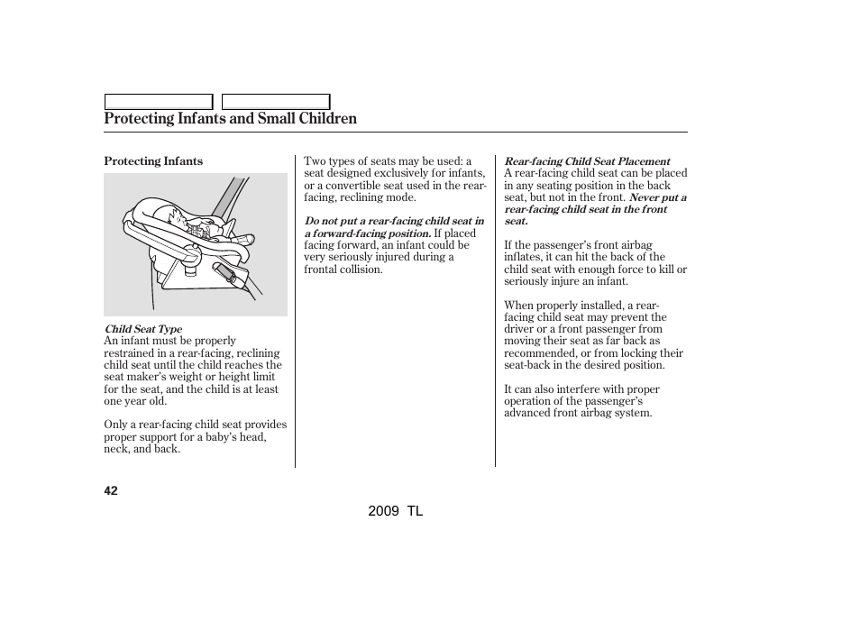 Protecting infants and small children | Acura 2009 TL User Manual | Page 45 / 648