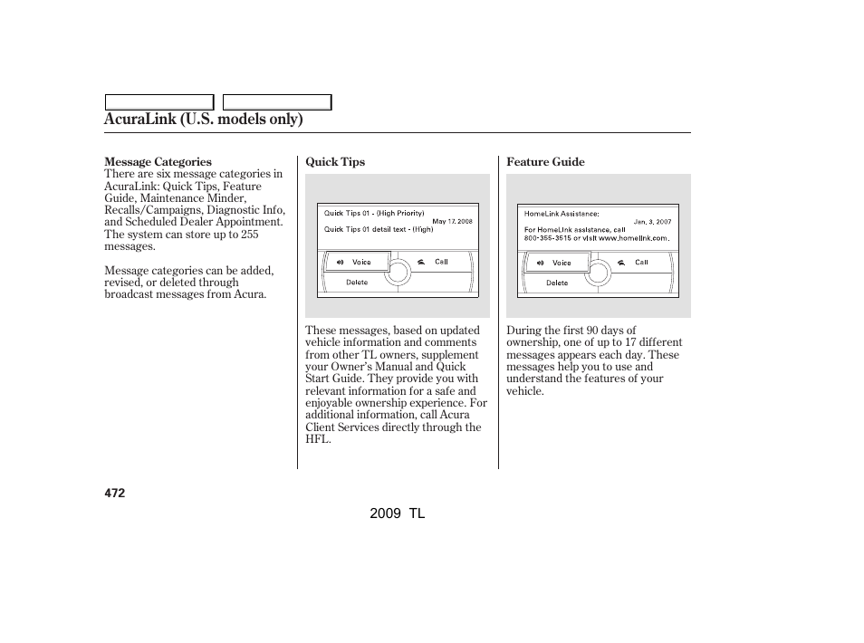 Acuralink (u.s. models only) | Acura 2009 TL User Manual | Page 475 / 648