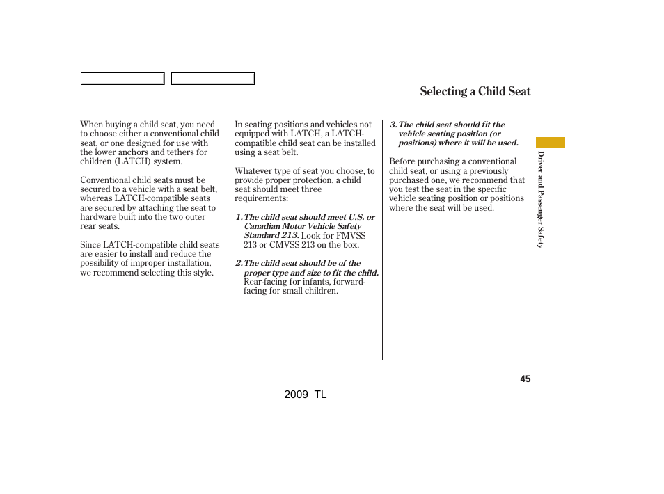 Selecting a child seat, 2009 tl | Acura 2009 TL User Manual | Page 48 / 648
