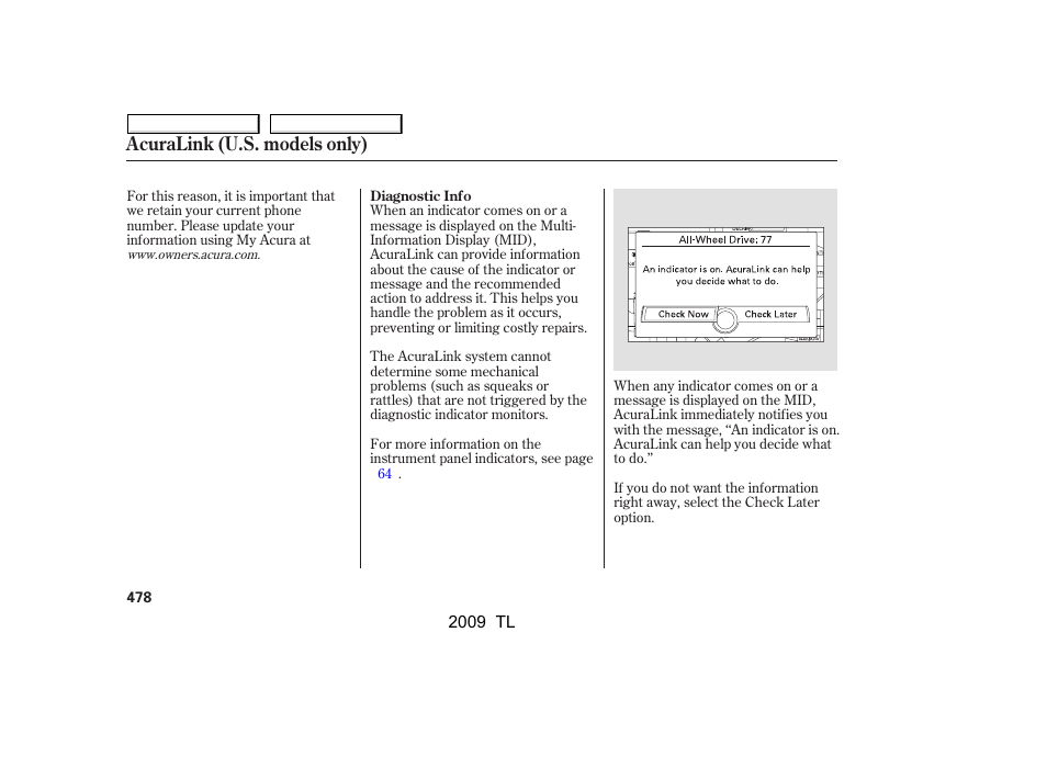Acuralink (u.s. models only) | Acura 2009 TL User Manual | Page 481 / 648