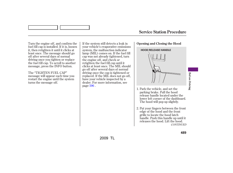 Service station procedure, 2009 tl | Acura 2009 TL User Manual | Page 492 / 648