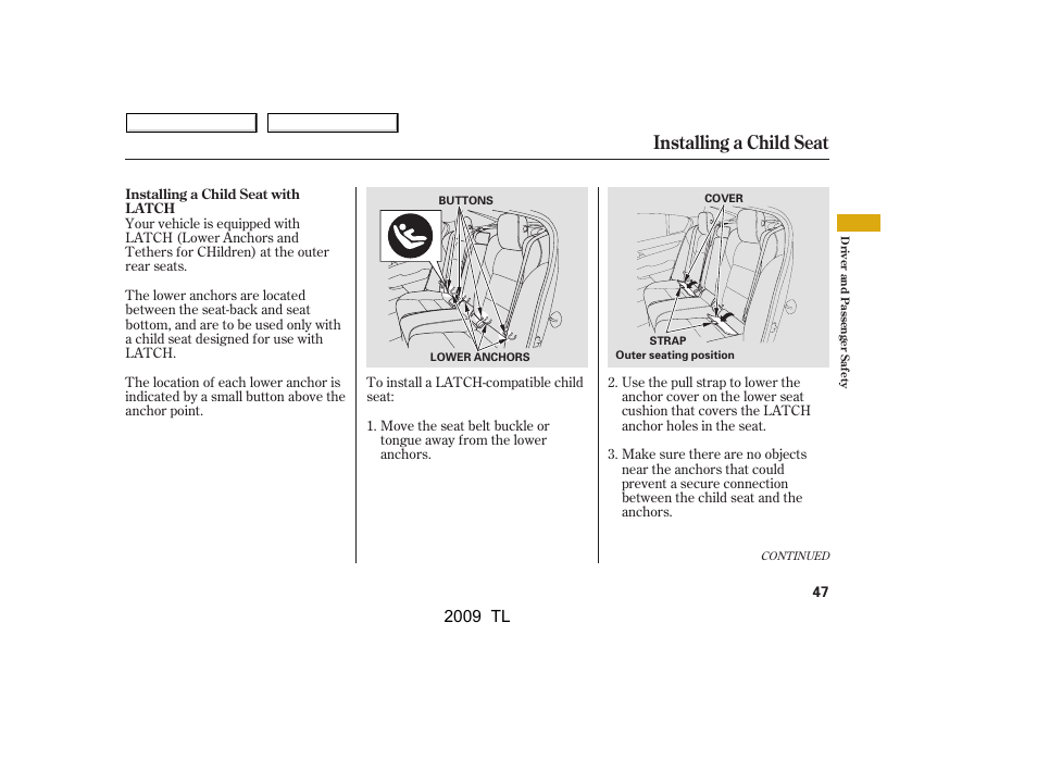 Installing a child seat, 2009 tl | Acura 2009 TL User Manual | Page 50 / 648
