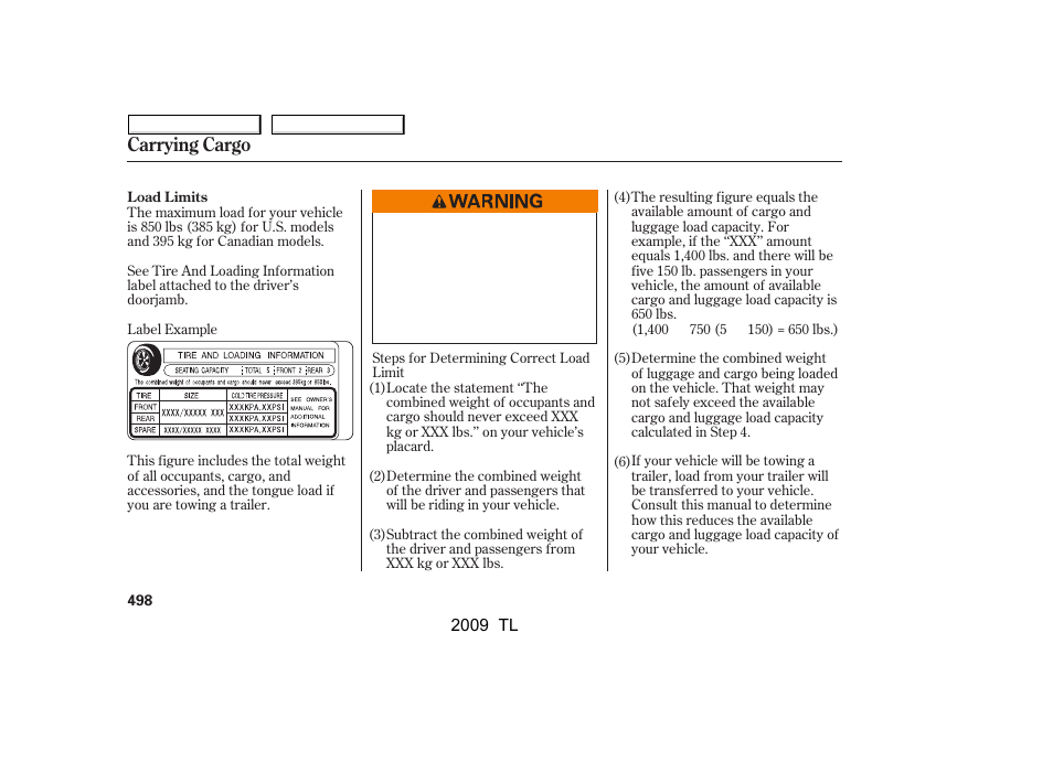 Carrying cargo | Acura 2009 TL User Manual | Page 501 / 648